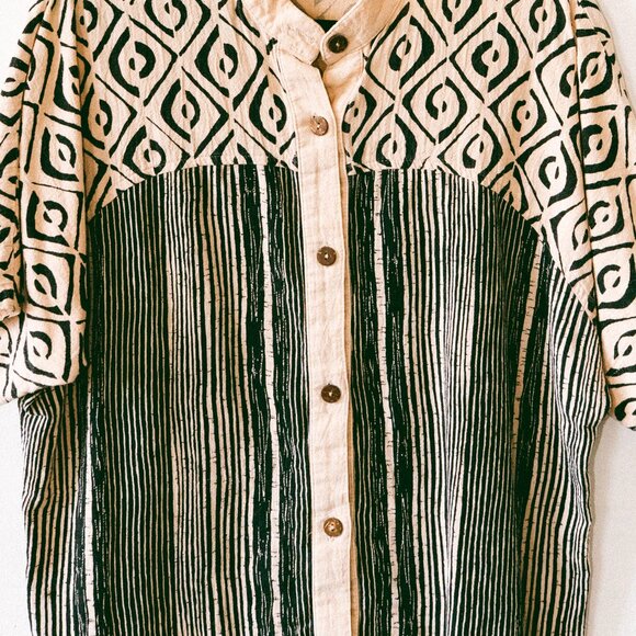 Vintage 80s/90s Produce Company Tribal/Geometric Button-Down w/ Mandarin Collar - Picture 2 of 4